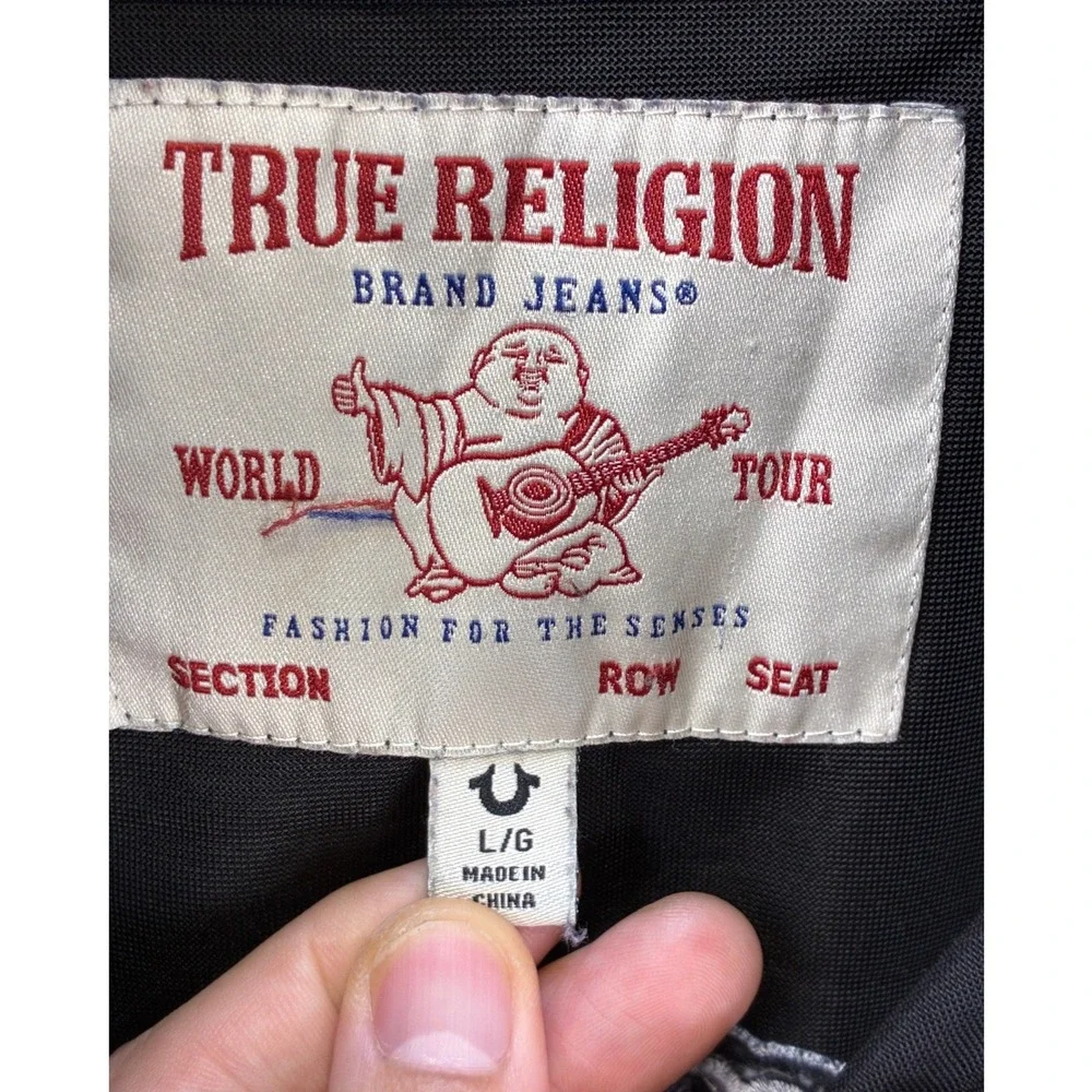 True Religion Big T Velvet Mock Zip Up Jacket Mens L Black Contrast Stitch Y2K
